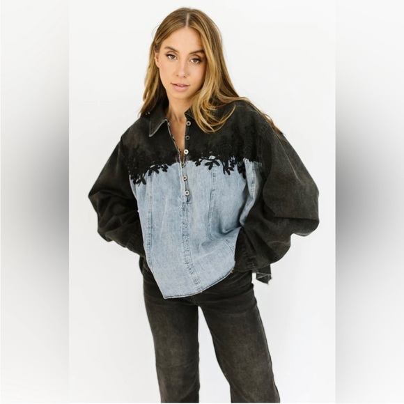 shop zoco Tops - SHOP ZOCO. Silverado Black and Blue Denim Jacket with Floral Detail NWT
